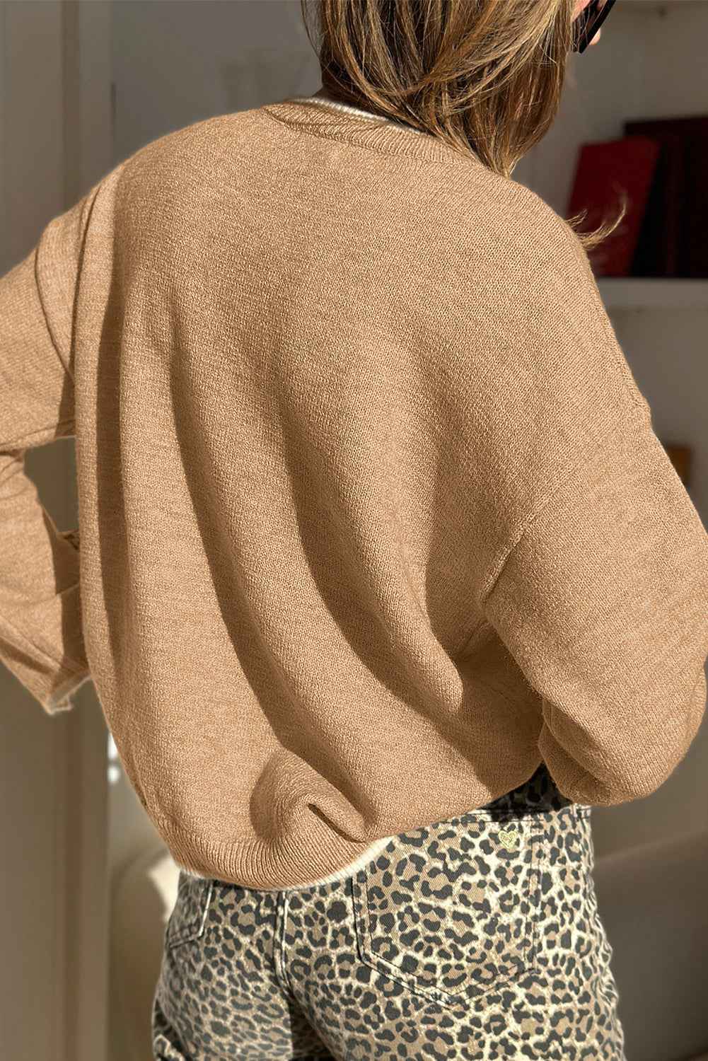 Tan Plus Size Leopard Bow Decor Split Cuffs Loose Sweater 6f653a1e5a492c8d