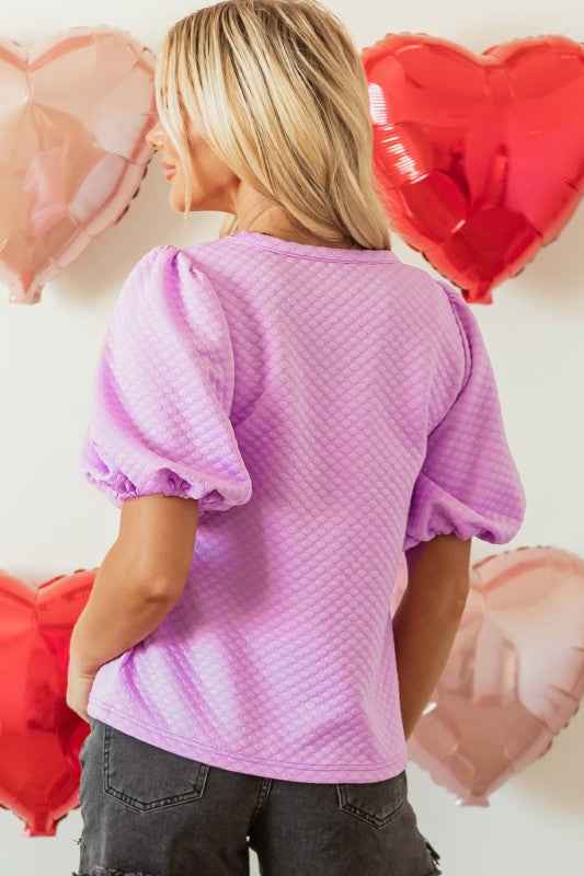 Solid Textured Round Neck Puff Sleeve Blouse 6f659770-d320-4b06-88b9-ffbd910dc6b8