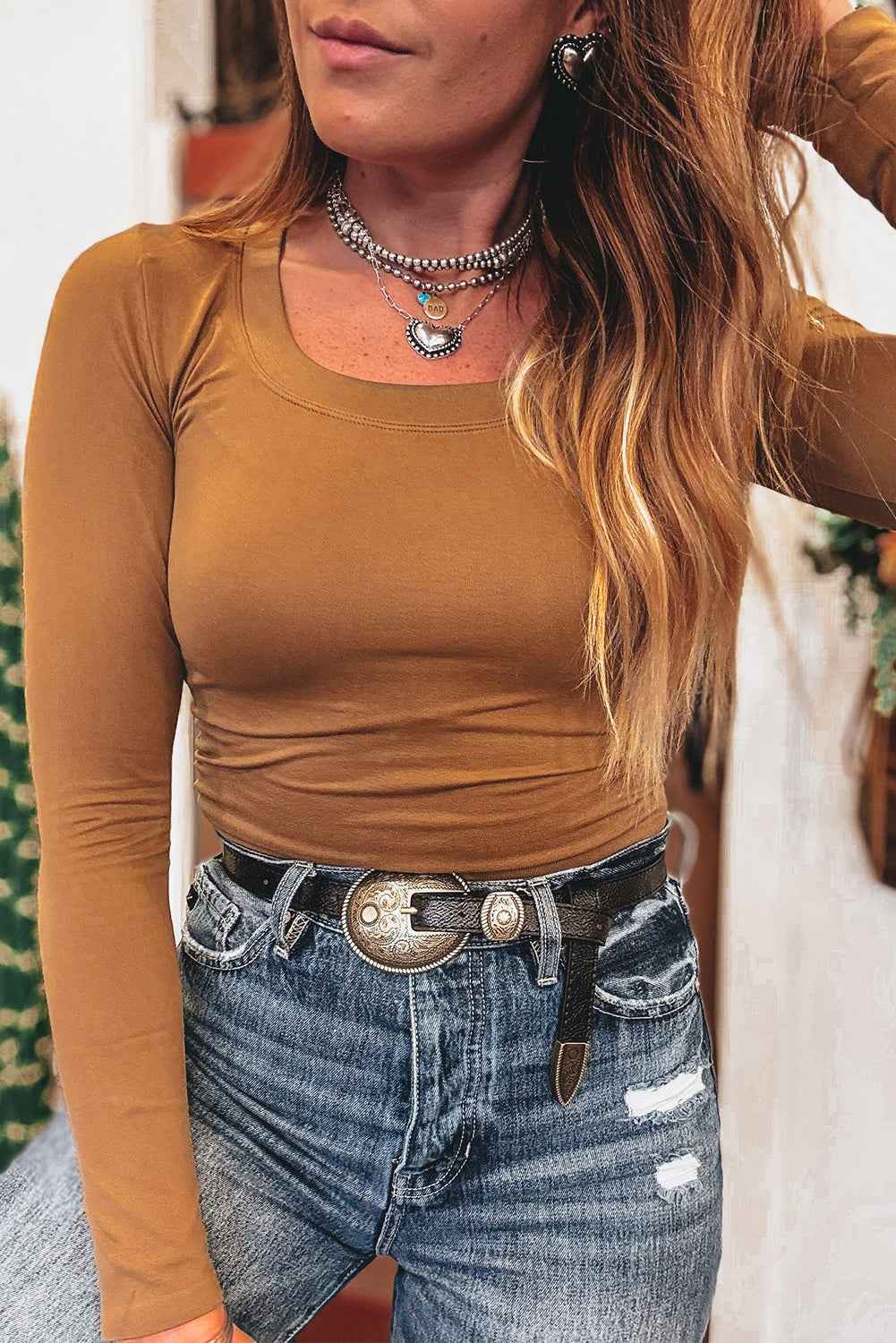 Chestnut Solid Color Long Sleeve Slim Fit Top Chestnut 93%Viscose+7%Elastane 6f682f481bd6615a