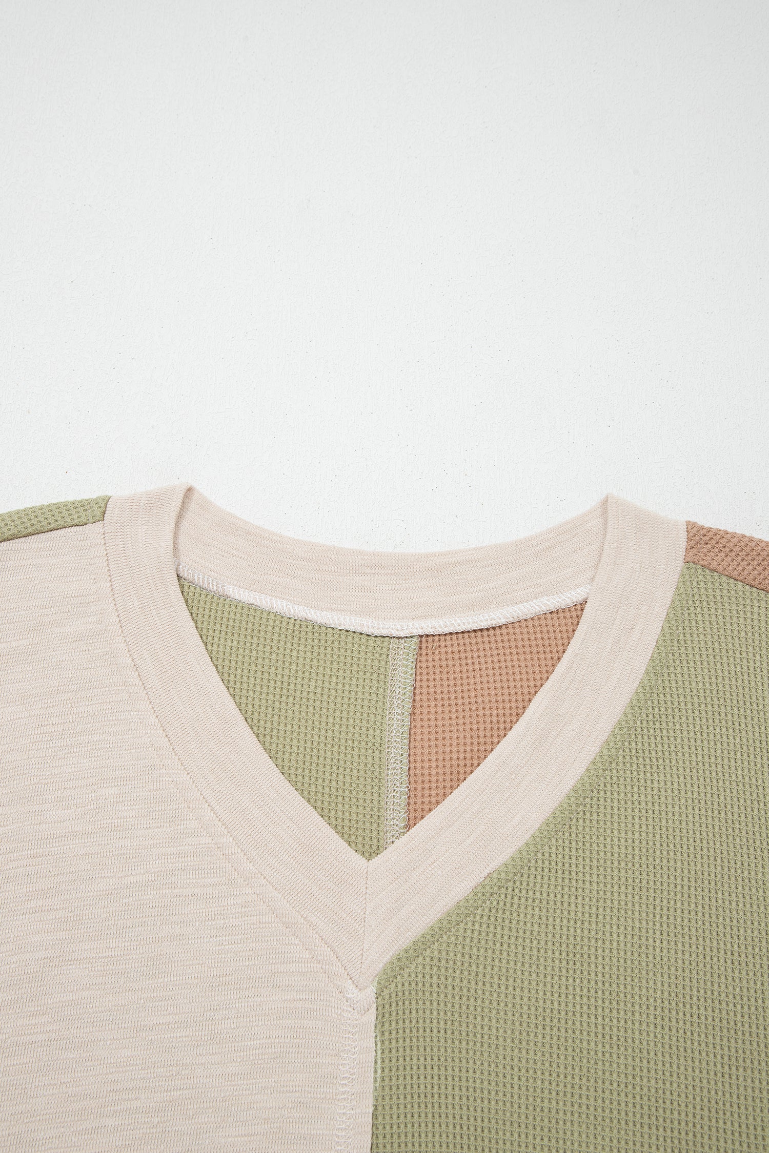 Green Plus Mixed Texture Color Block Patchwork V Neck Long Sleeve Top 6f6a0b77dcda4674