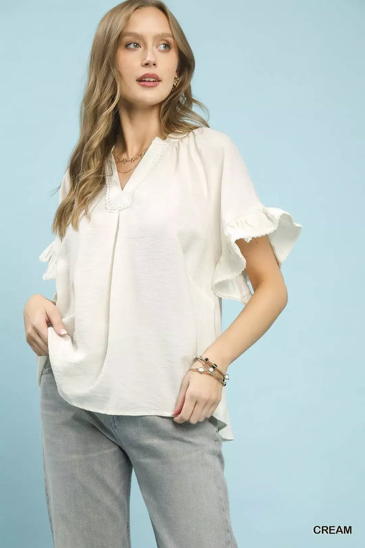 Umgee Ruffle Sleeve V-Neck Flutter Blouse CREAM 6f700e38-b80f-42f8-8f16-d3af42f9616f-Max-Origin