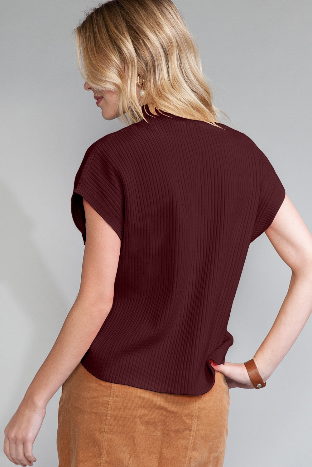 Green Patch Pocket Ribbed Knit Short Sleeve Sweater 6f755e83662f9e74