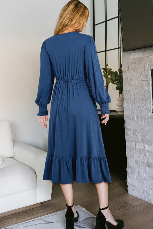 Sail Blue Solid Color Front Twist Puff Sleeve Ruffled Dress 6f763bbfbcbca20f