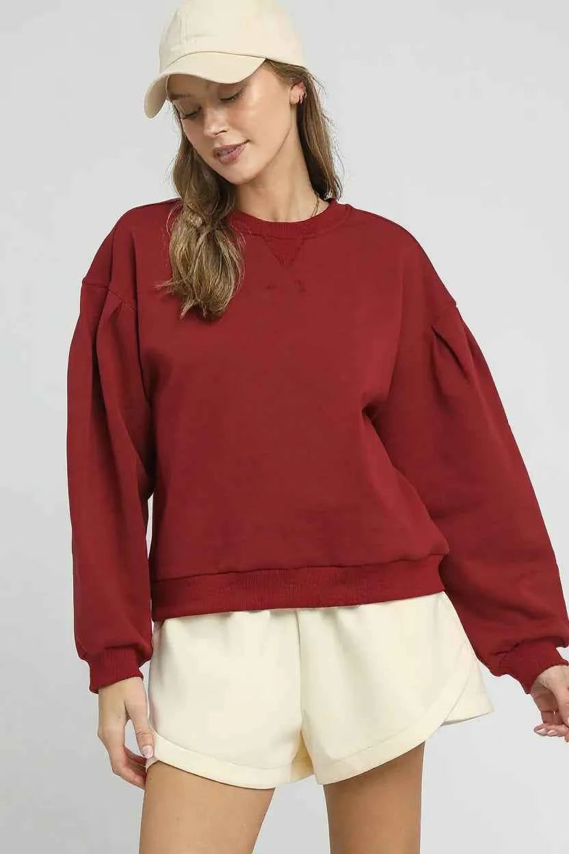 Umgee Round Neck Sweatshirt with Pleated Detail BURGUNDY 6f7710f8-b51e-4142-bc16-5044f8c496c2-Max-Origin