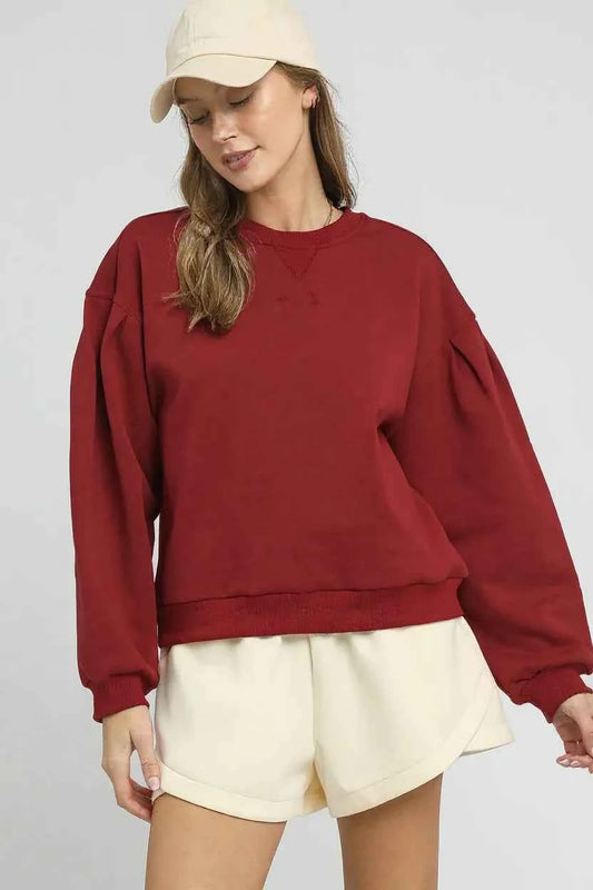Umgee Round Neck Sweatshirt with Pleated Detail BURGUNDY 6f7710f8-b51e-4142-bc16-5044f8c496c2-Max-Origin