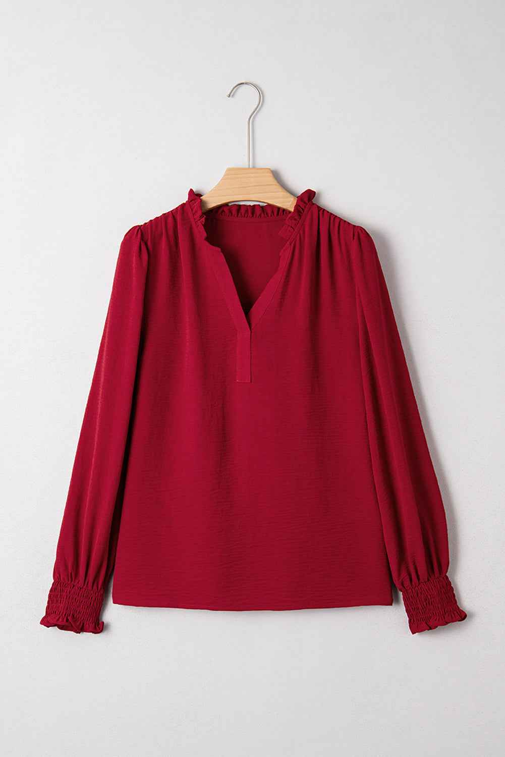 Burgundy Notched Neck Shirred Cuffs Long Sleeve Blouse 6f78e8c595d2bac0