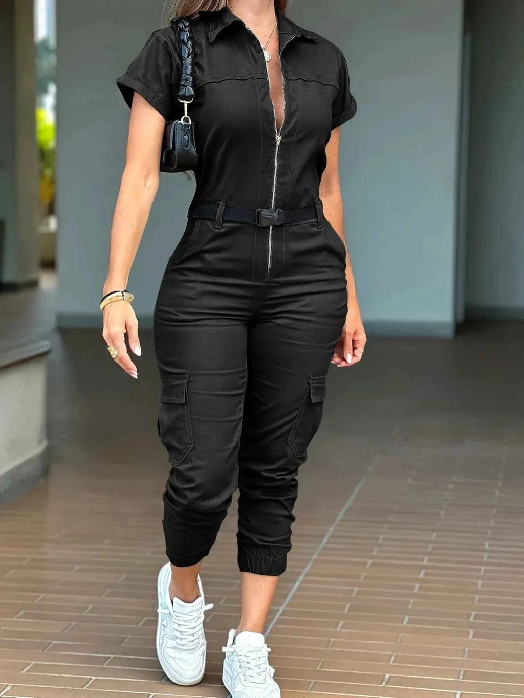 Zip Front Short Sleeve Jumpsuit 6f8324e23e9046158c5efc817b8ba7e9-Max-Origin