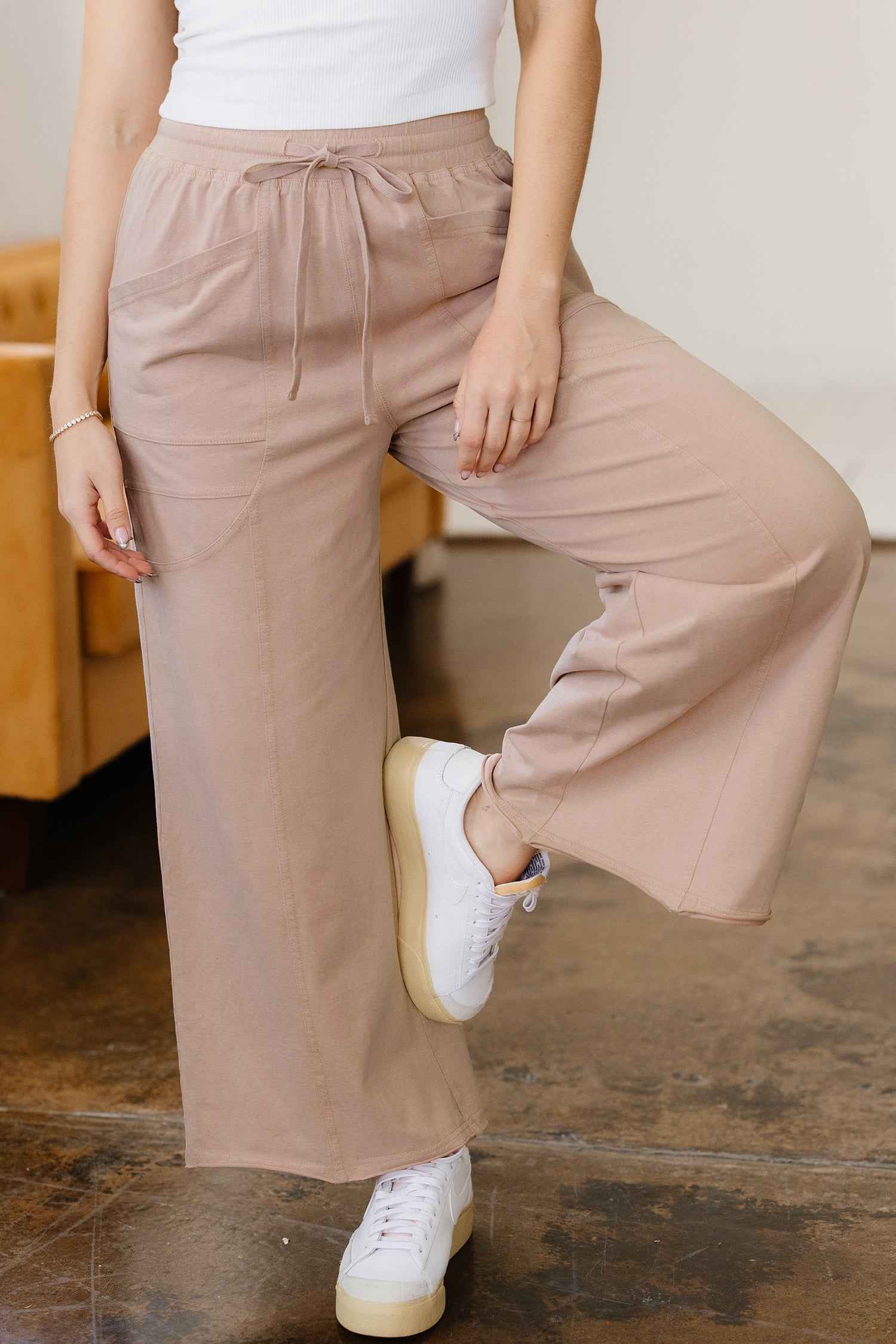 Smoke Gray Solid Color Mineral Wash Piping Trim Pocketed Wide Leg Pants 6f888e5a1a25f249