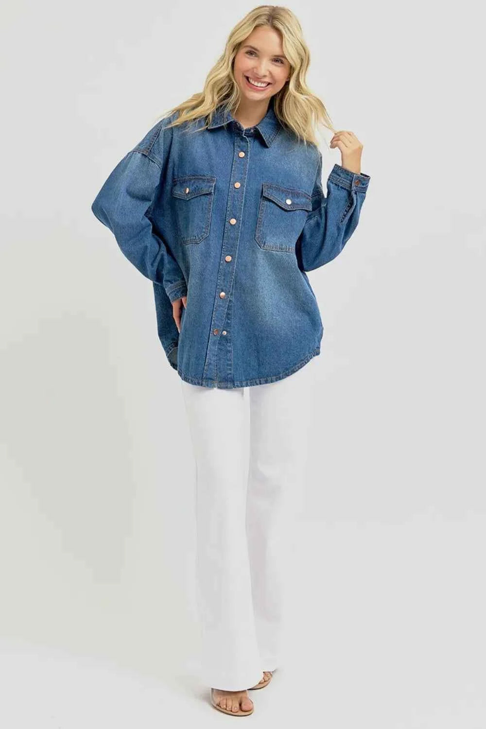 RISEN Full Size Snap Down Long Sleeve Denim Shacket 6f8ba090-9079-470b-9045-f107c0148008-Max