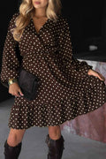 Chicory Coffee Polka Dot Long Sleeve Wrap V Neck Ruffle Hem Mini Dress Chicory Coffee 100%Viscose 6f8f31bd03a63f1a