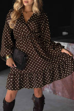 Chicory Coffee Polka Dot Long Sleeve Wrap V Neck Ruffle Hem Mini Dress Chicory Coffee 100%Viscose 6f8f31bd03a63f1a