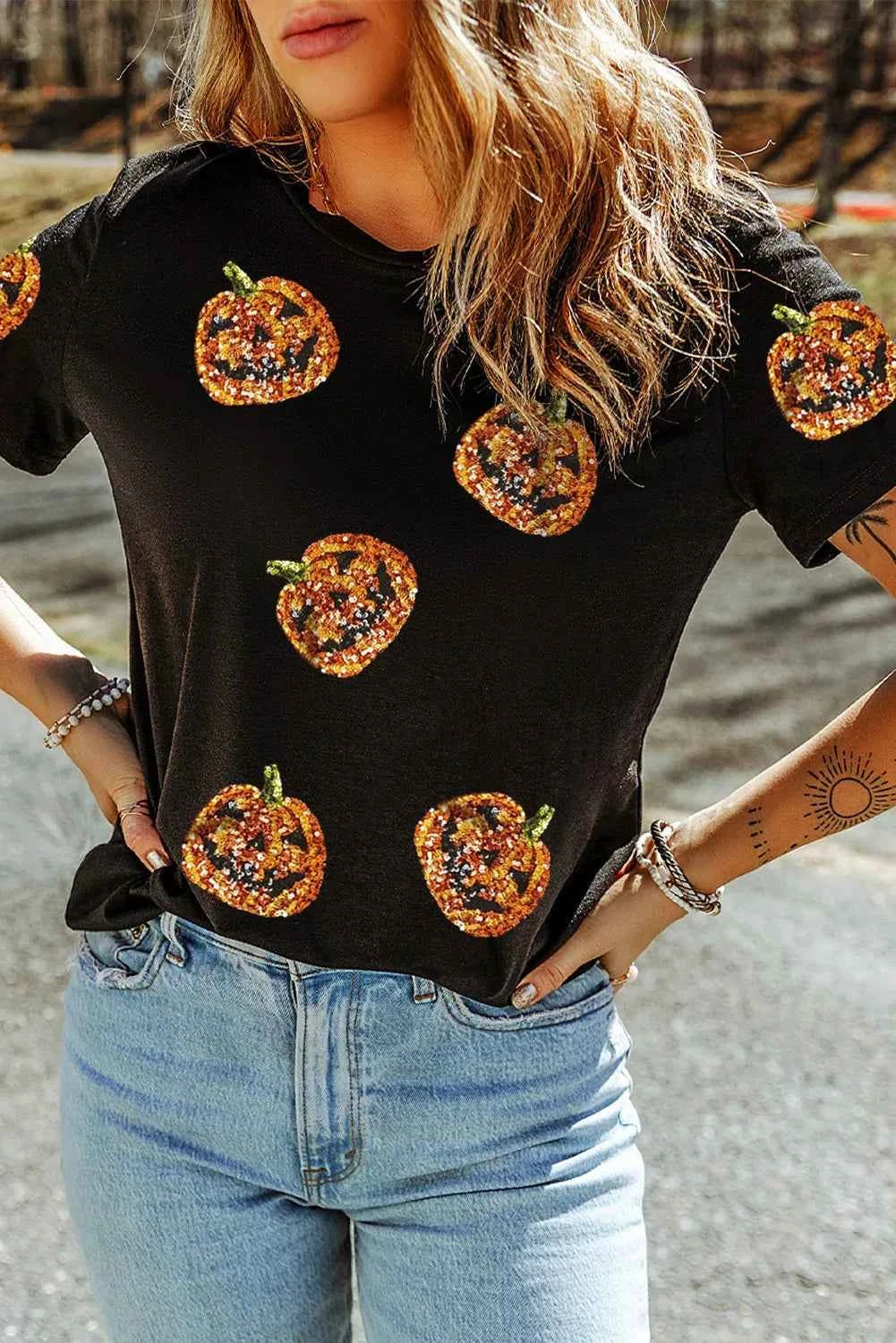 Sequin Pumpkin Round Neck Short Sleeve T-Shirt 6f917153-40d9-4321-94e0-987b634c3eb1-Max