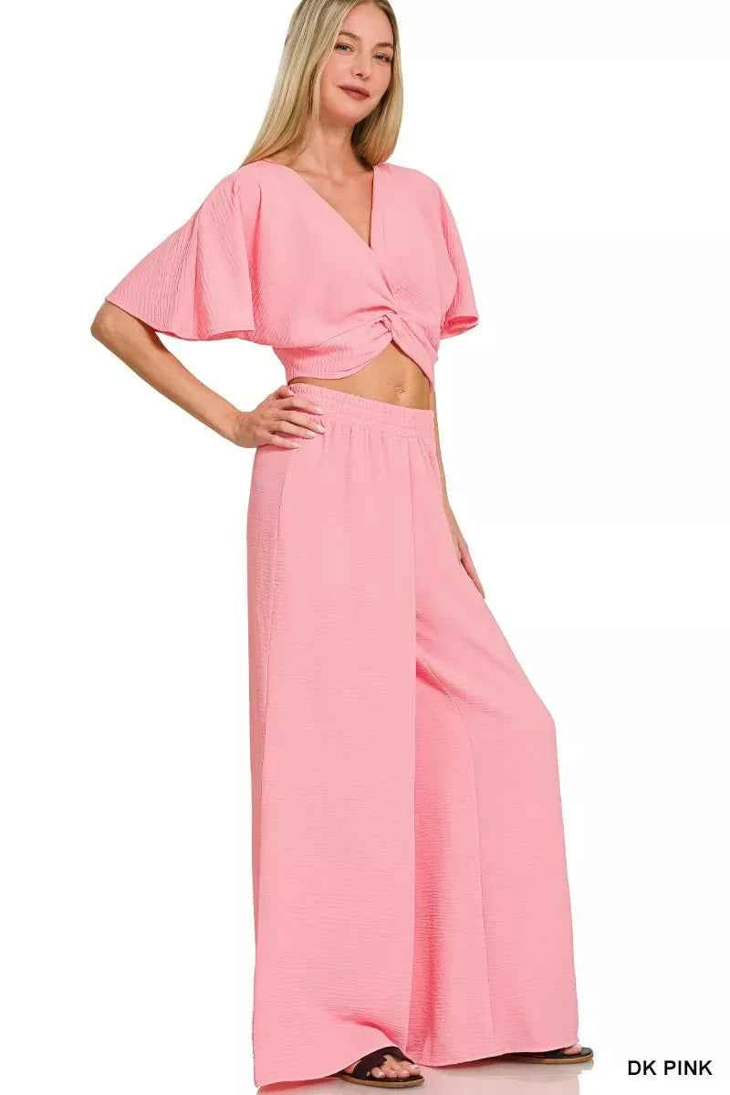 Zenana Woven Airflow Twisted Top & Wide Leg Pants Set DK PINK 6f9462291c094ac5879717906bcdbff0-Max-Origin