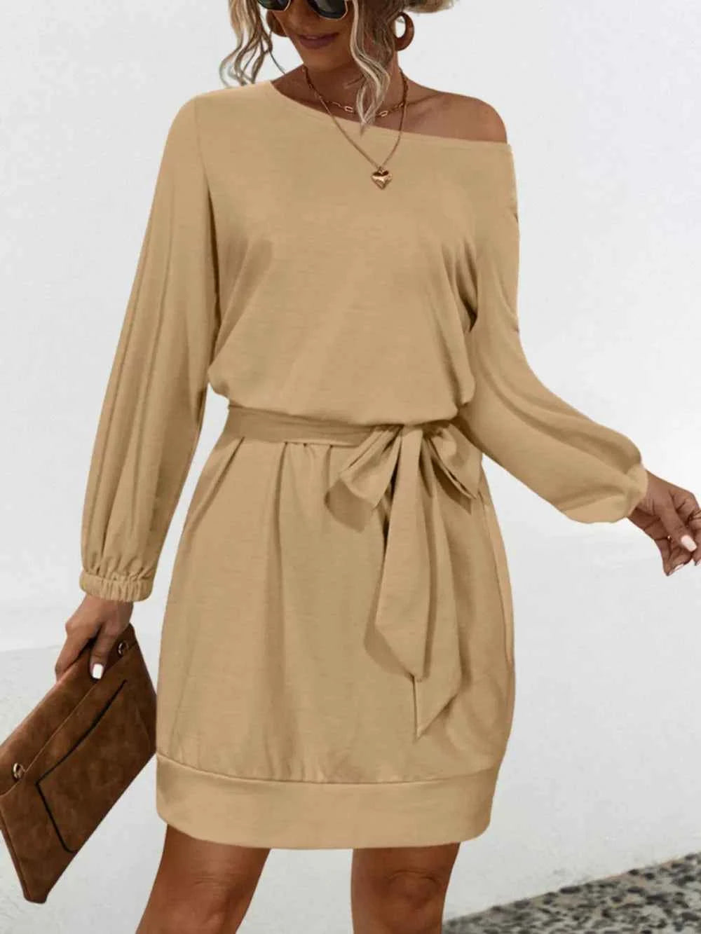 One Shoulder Tie Waist Dress Tan 6f97329e-b664-4074-a668-beb2e6709c64-Max