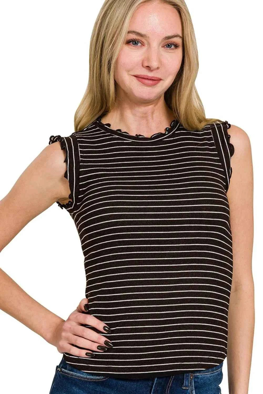 Zenana Ribbed Ruffle Trim Sleeveless Stripe Top BLACK WHITE 6f9c493b-6eb4-41ff-a7ab-90a9a44ea2fb-Max-Origin