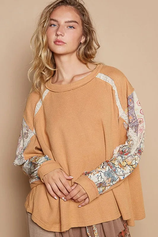 POL Waffle-Knit Lace Detail Round Neck Top Sherbet 6f9f680d-990d-4b01-9edb-18c4261ce9cf-Max