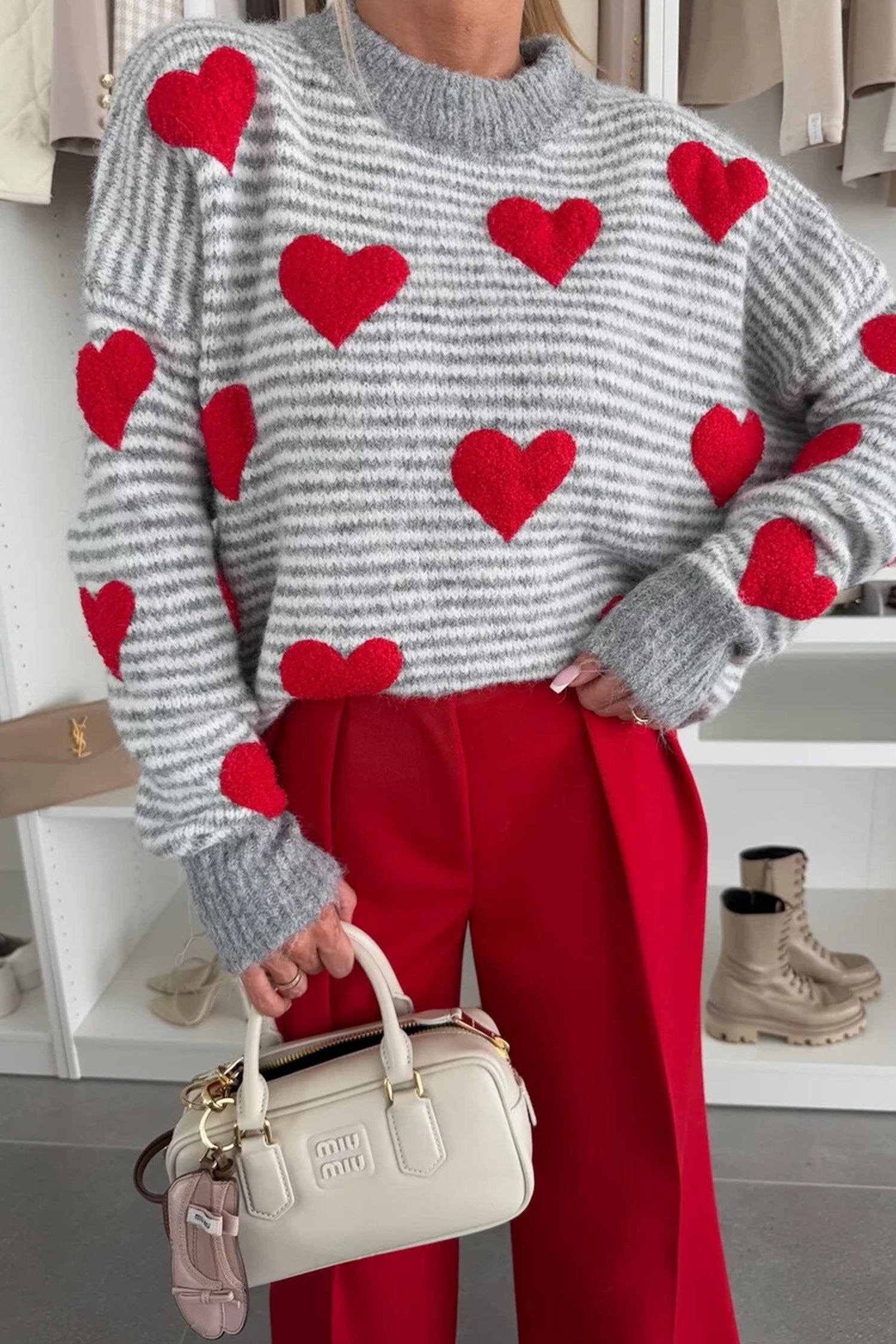 Rose Stripe Contrast Heart Pattern Valentine Knit Sweater Gray Stripe 65%Acrylic+35%Polyamide 6fa026d44777d832
