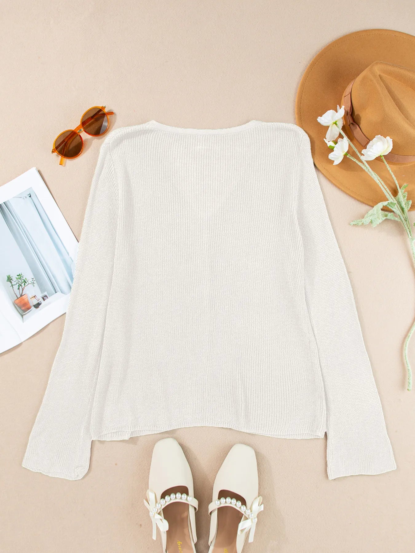 Lightweight V Neck Button Front Bell Sleeve Cardigan 6fa6003e42674404b4d941cf47f5040d-Max-Origin