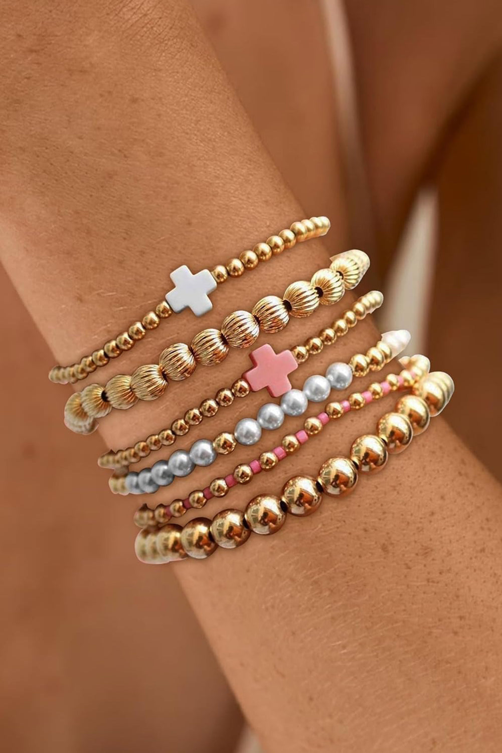 Gold Pearl Cross Beaded Stretch Bracelet Set 6faca742f320be30