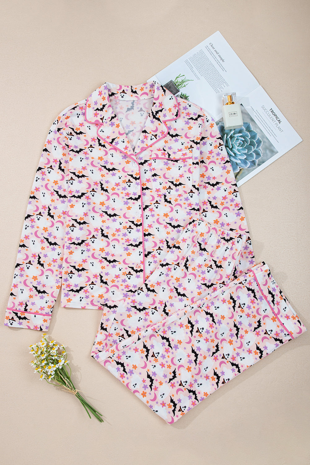 Pink Cute Floral Halloween Ghost Print Long Pajama Set 6fb040eb30282fb4