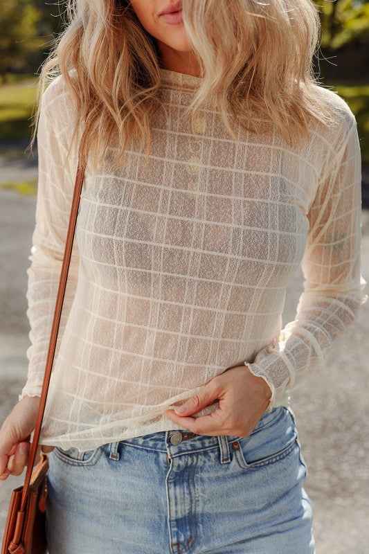 Sheer Plaid Mesh Lettuce Trim Long Sleeve Top 6fb09de7-c435-4777-aad5-64ded9dd85df