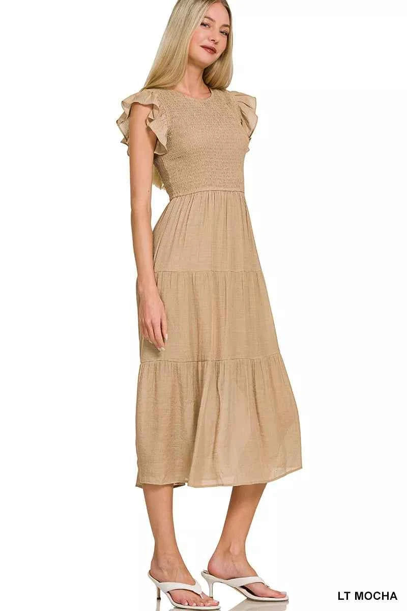 Zenana Woven Smocked Ruffle Sleeve Midi Dress 6fb41ad5bda2434586c484098262b760-Max-Origin