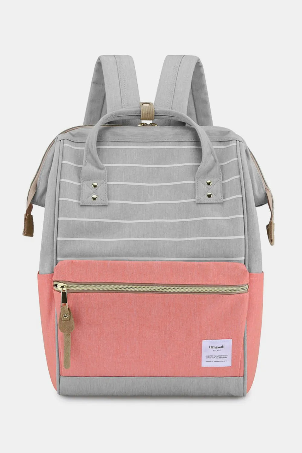 Himawari Waterproof Canvas Backpack Bag with Side Pockets Grey Pink Stripe One Size 6fb4c4ed-6420-48ad-9a0c-546429fa824e-Max