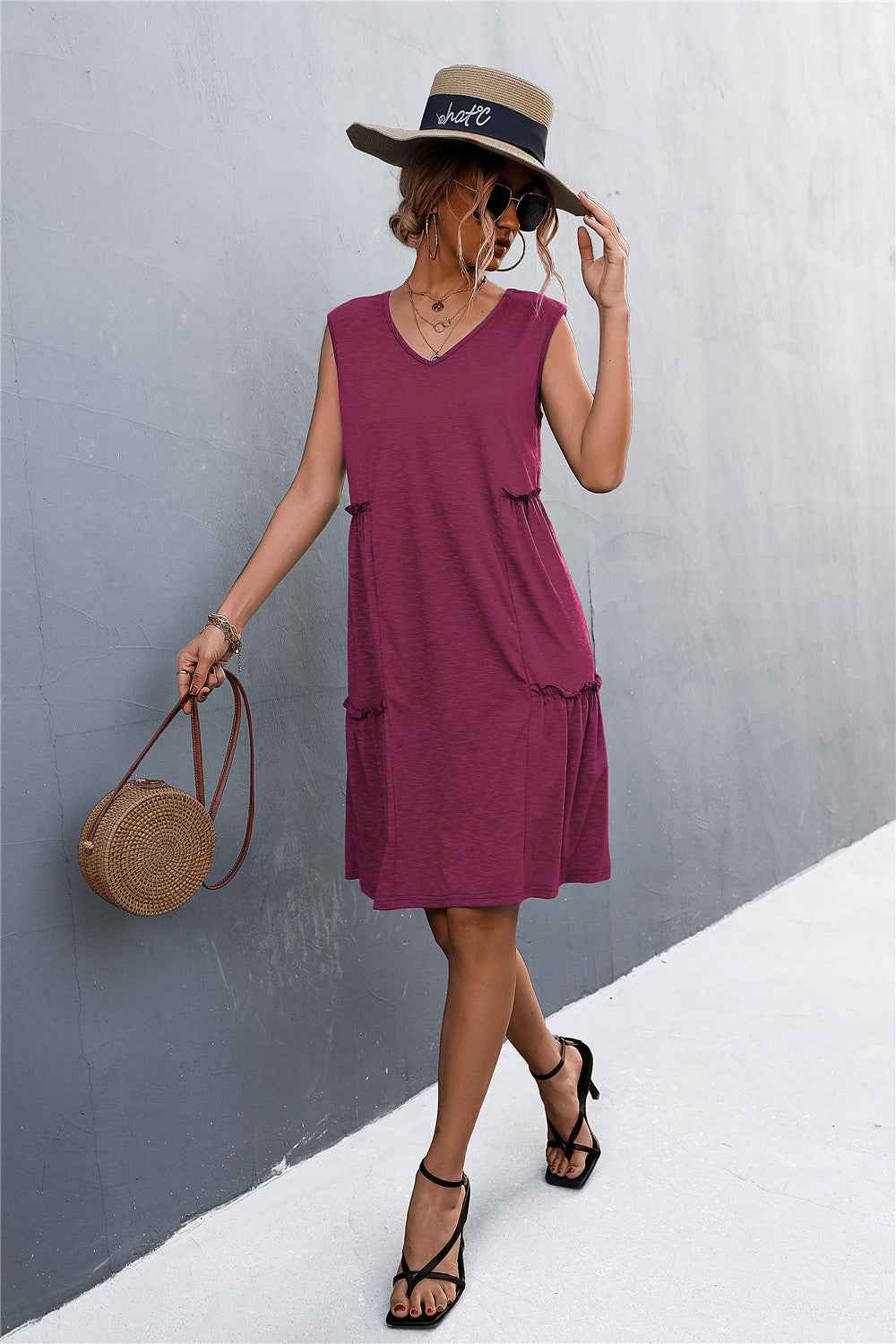 V-Neck Frill Trim Sleeveless Dress 6fb5d124977c41f9a4969adc44d445c3-Max