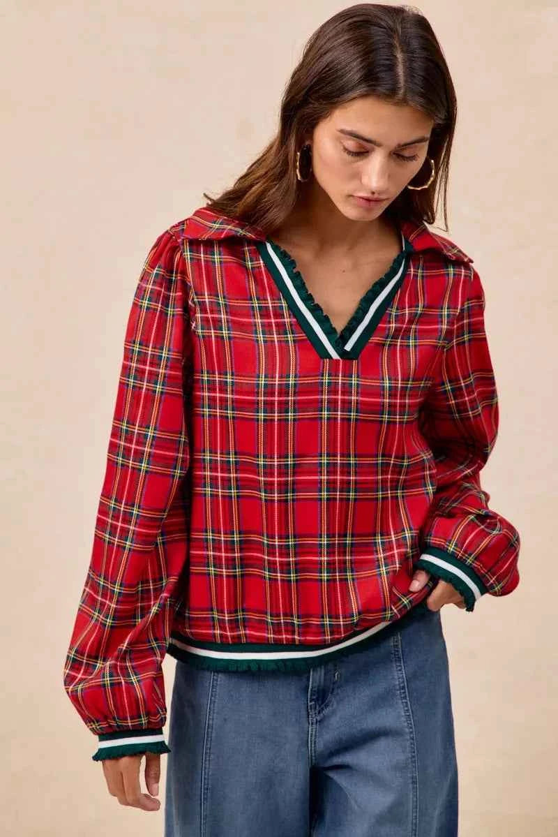BiBi Christmas Plaid Collared Top with Ruffled Detail 6fb6ea046c36479db8bf51f7db53e414-Max-Origin