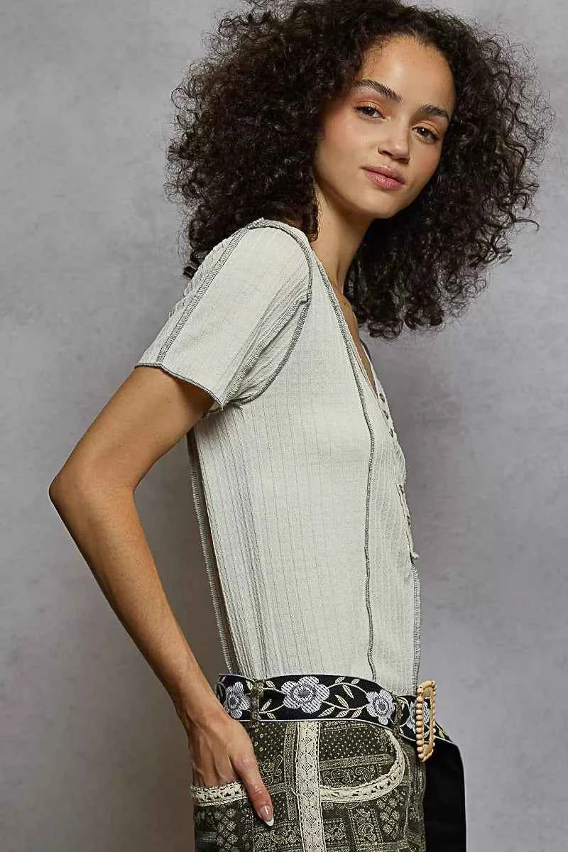 POL V-Neck Short Sleeve Top with Stitch Seam Detail 6fb82c08-1bef-4409-b9c0-10627c74dc96-Max-Origin