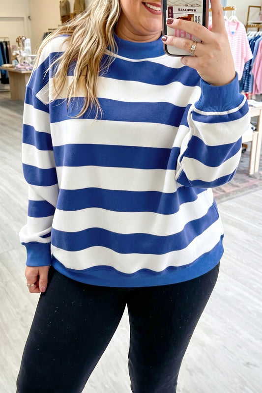 Orange Stripe Ribbed Trim Stand Neck Dropped Shoulder Plus Size Sweatshirt Blue Stripe 95%Cotton+5%Elastane 6fba23a7a3dd438b
