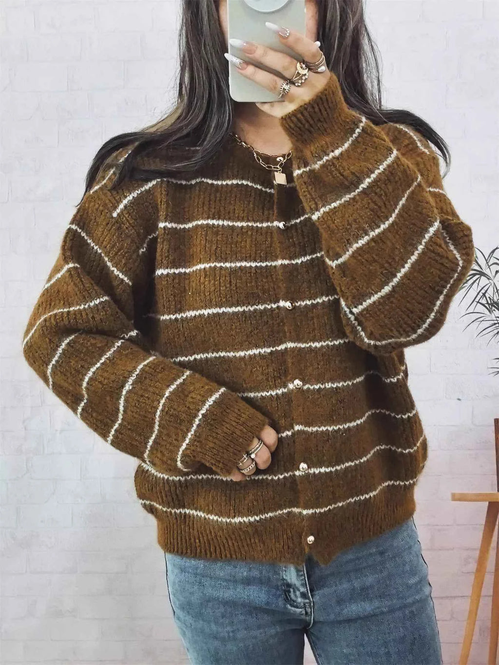 Striped Button Up Long Sleeve Cardigan 6fba6da26f6d478f8682a3d9f24c3085-Max-Origin