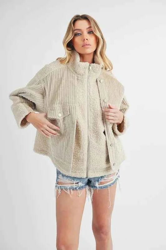 Aemi + Co Fake Two Pieces Turtleneck Sherpa Jacket with Pockets Sand 6fbcbbe6-6212-421d-8674-395d75607c2d-Max