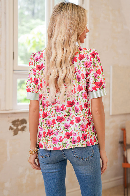 Sky Blue Floral Print Striped Patchwork Collared Blouse 6fbf6c801264cdae