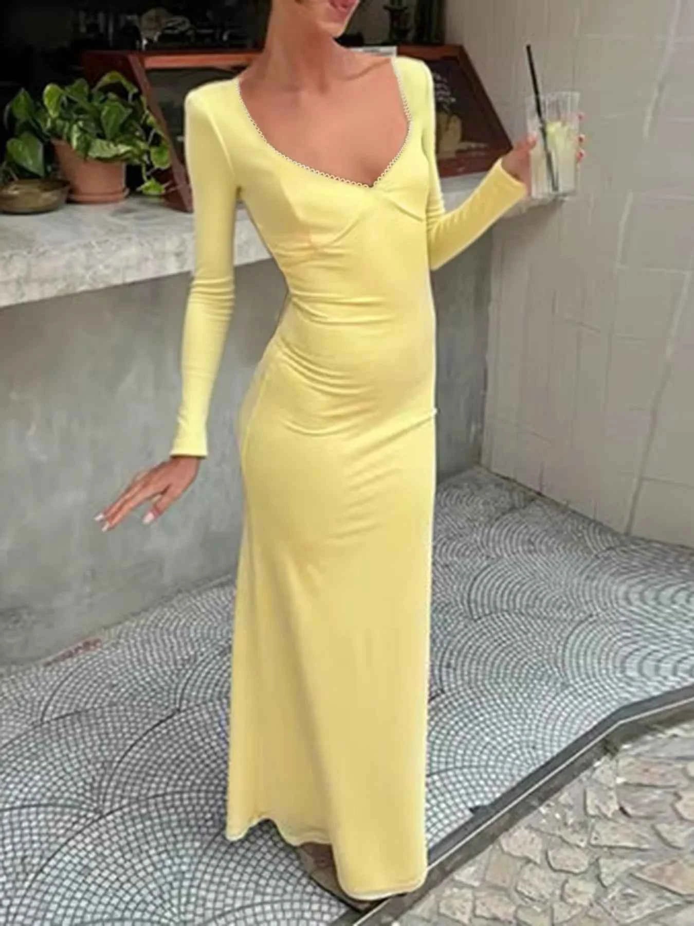 Deep-V Long Sleeve Slim Maxi Dress