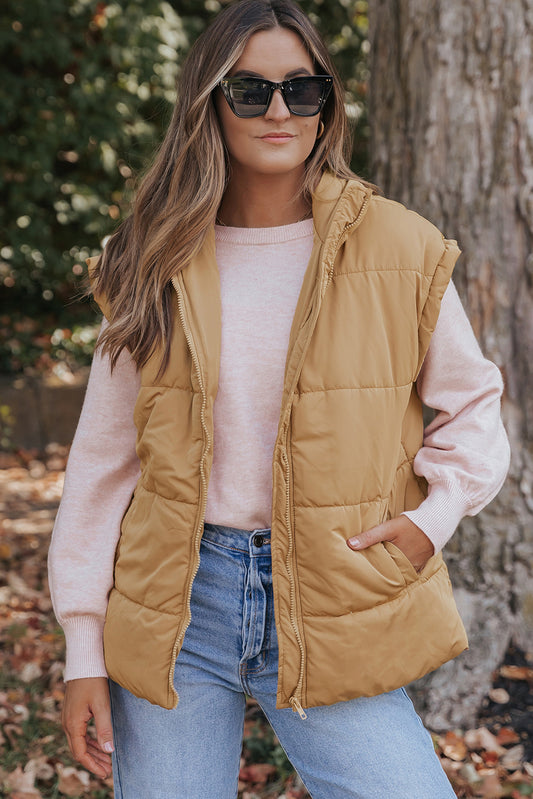 Khaki Oversized Stand Collar Zip Winter Vest 6fca18afca364f4b