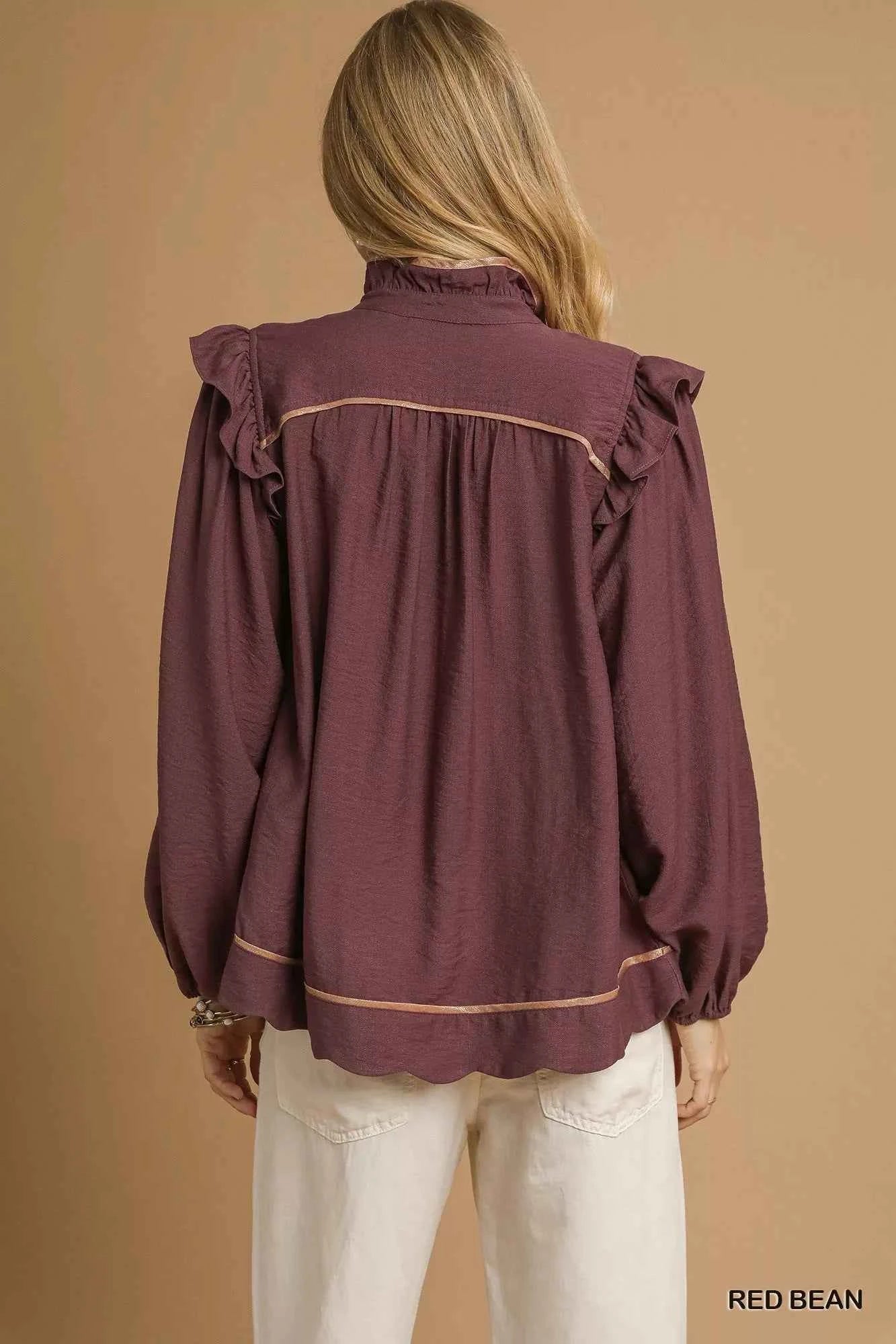 Umgee Ruffle Shoulder Long Sleeve Blouse 6fcdc1ac-b648-472b-9b1e-cf616a531098-Max-Origin