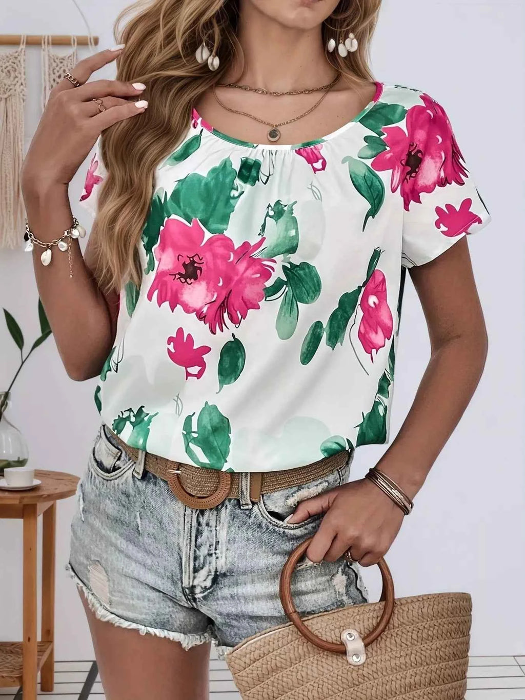 Floral Print Short Sleeve Blouse 6fd7d29075f6460c80d9e2c12d306006-Max-Origin
