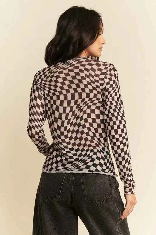 Davi & Dani Checker Board Mesh Long Sleeve Layering Top 6fe3fe4a54914e7bb97601b4a4dc9826-Max-Origin