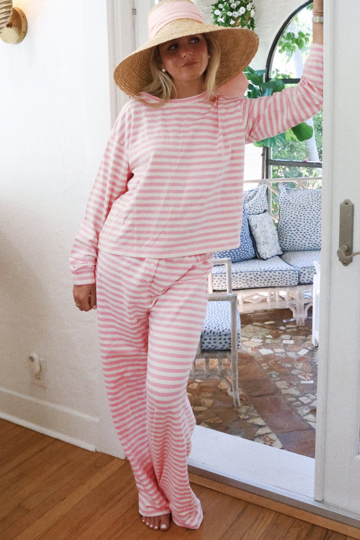 Rose Stripe Drop Shoulder Round Neck Top and Buttoned Straight Pants Two Piece Set 6fe9826a5d340dba