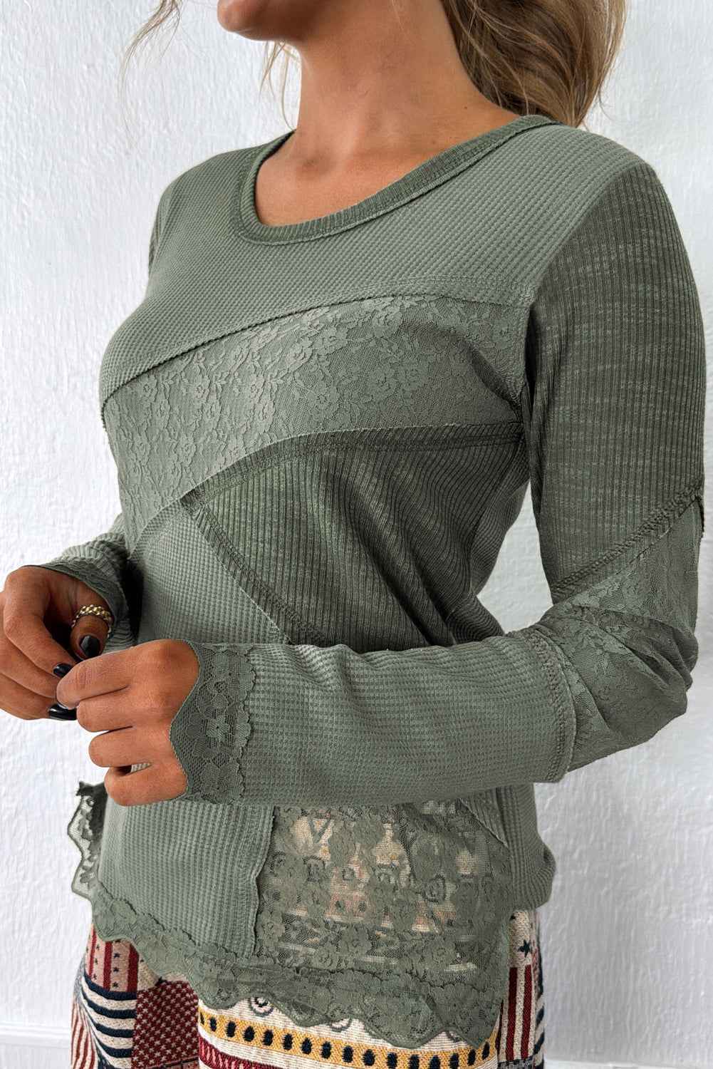 Sage Green Solid Color Waffle Ribbed Lace Patchwork Long Sleeve Top Sage Green 75%Polyester+25%Cotton 6feb159c94f6a815