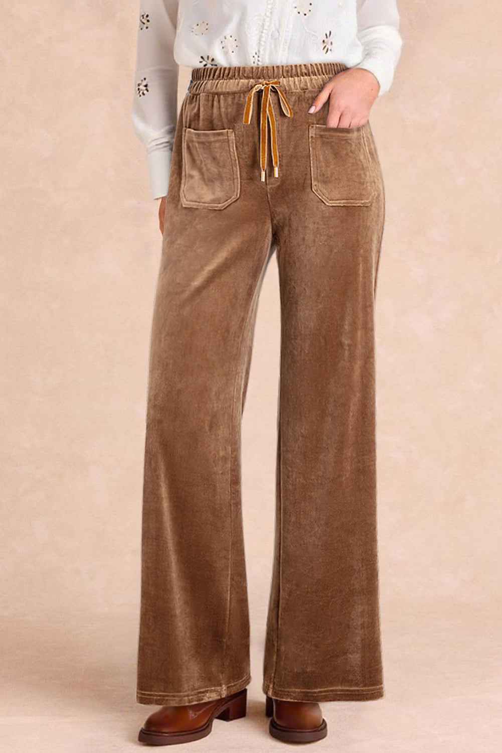 Coffee Straight Loose Drawstring Elastic High Waist Fleece Pants 6feb2710f6845dfc