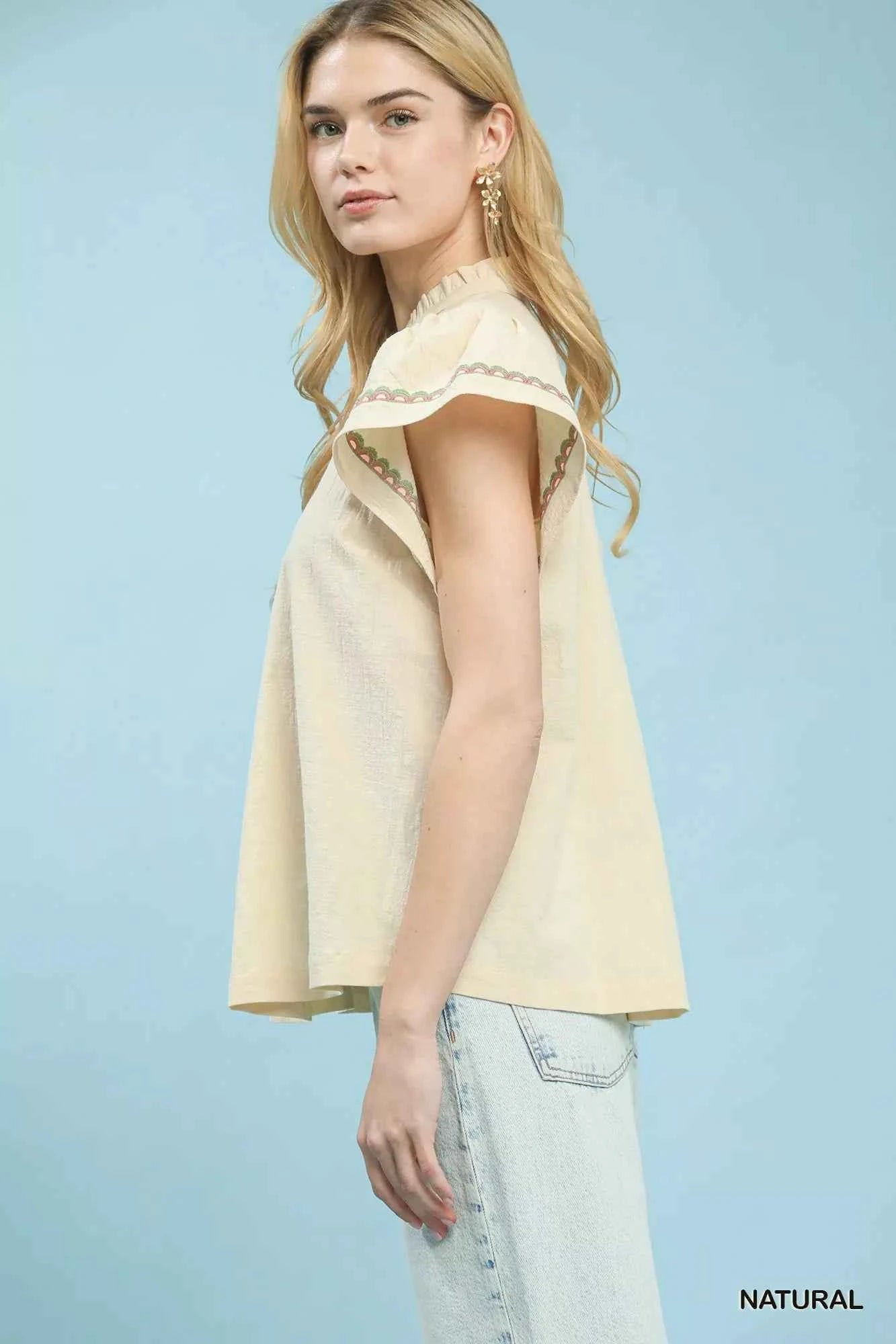 Umgee Embroidered Flutter Sleeve Blouse 6feb296b-5a7b-4637-925f-9f5946e98a2d-Max-Origin