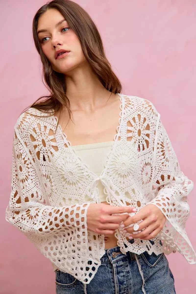 SO ME Floral Pattern Crochet Knit Tie Front Crop Cardigan OFF WHITE 6feca20103c542a68f9585ddba3edbdb-Max-Origin