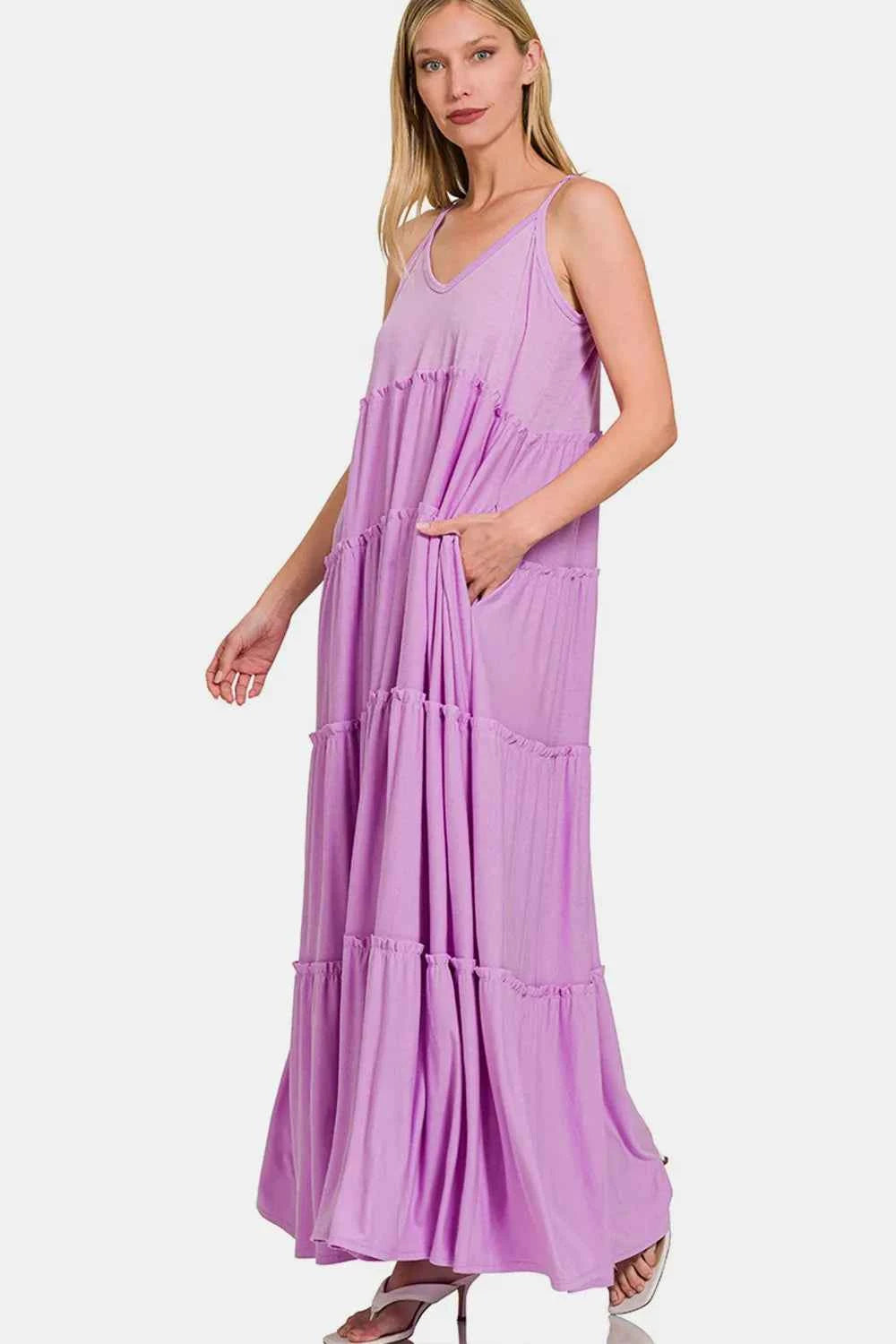 Zenana Frill Tiered V-Neck Maxi Cami Dress BLAVENDER 6fecd610-2928-471d-b6fb-6df6fb89b6e9-Max