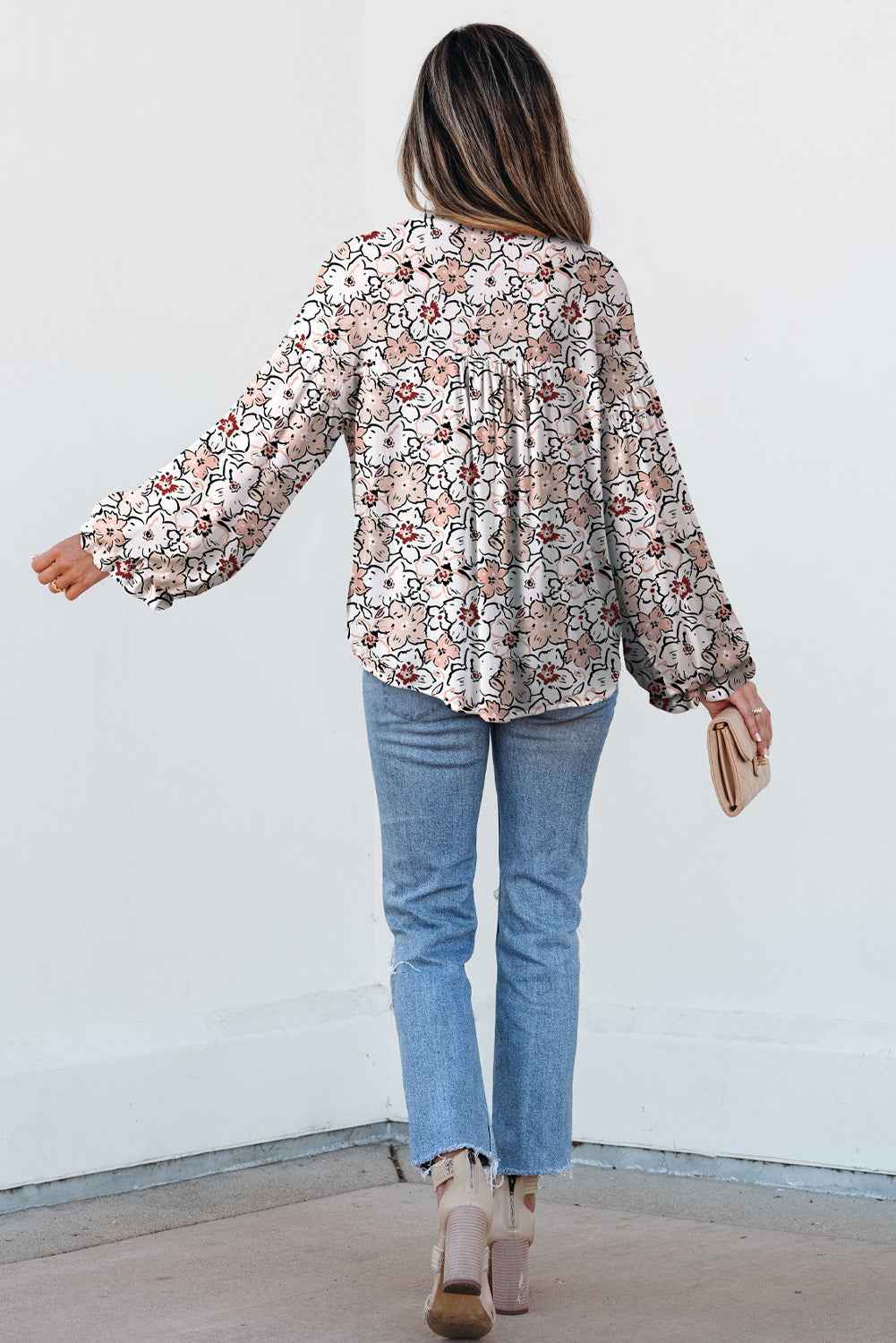 Khaki Bold Floral Print Frilled Puff Sleeve Button Down Shirt 6fef69ad7a174b13