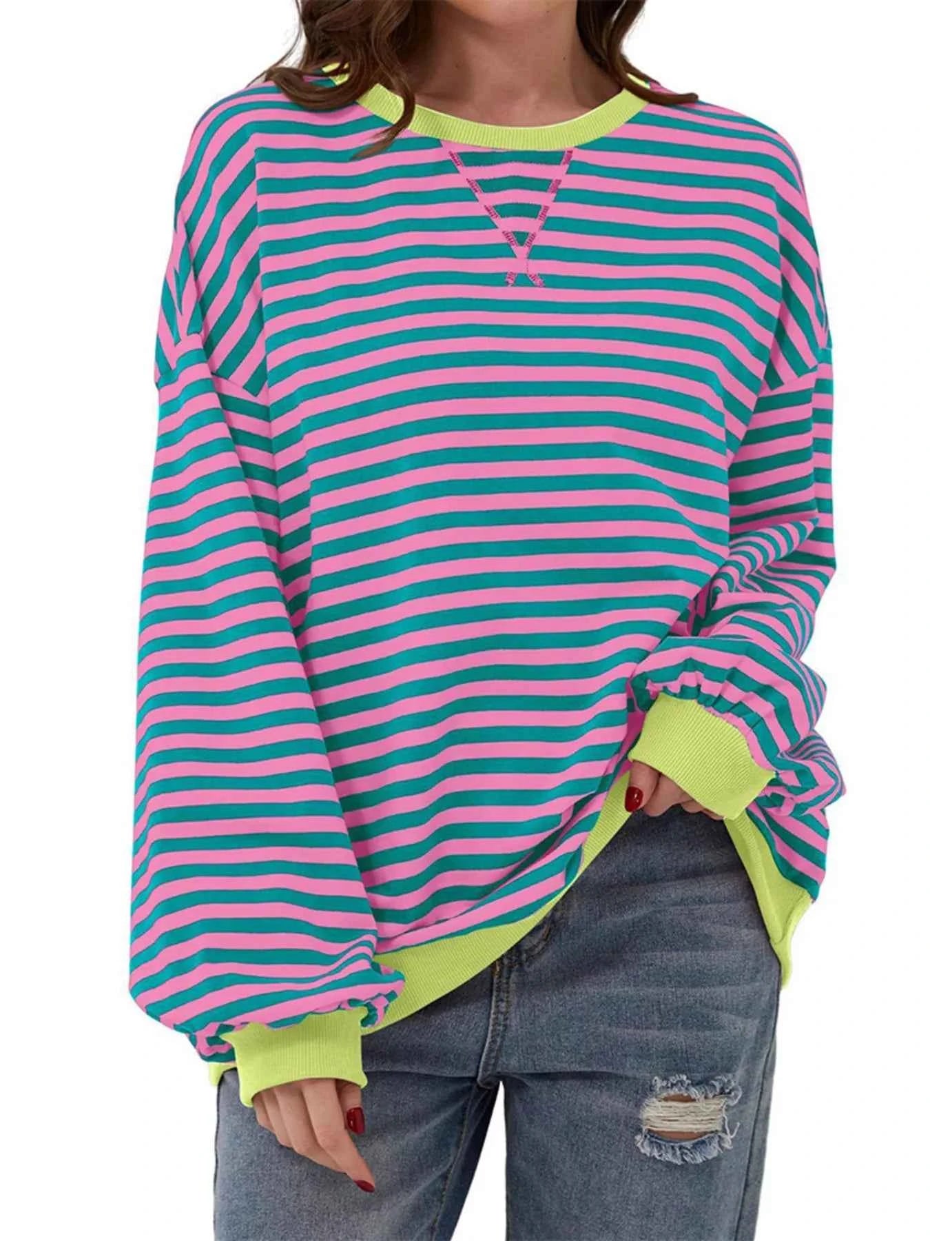 Striped Round Neck Dropped Shoulder Sweatshirt Rose Red + Dark Green 6fef6af2a2404716b974f9a8d9c096ec-Max-Origin