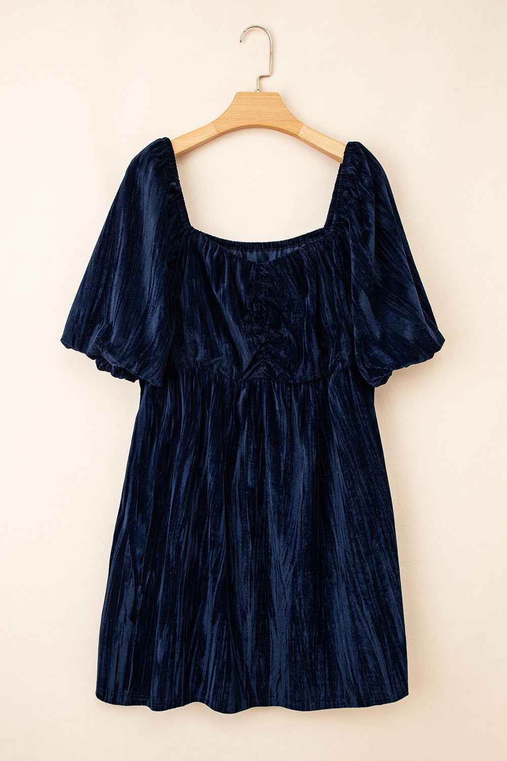 Navy Blue Velvet Ruched Bust Square Neck Short Puff Sleeve Plus Dress 6ff5db0d76f8b4a8