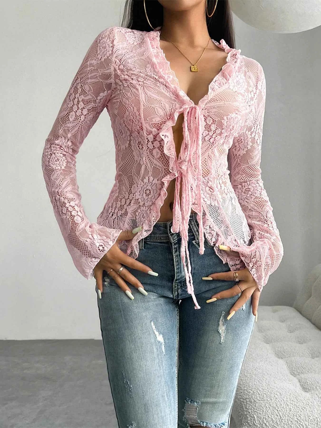 Tie Front Long Sleeve Lace Top 7006cbce9ba240d2ba9314c02aec9aef-Max-Origin