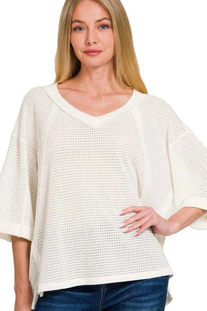 Brushed Waffle Exposed-seam 3/4 Sleeve Top OFF WHITE 70070c6c-638b-49b3-8e44-bf567d8e2e2a-Max-Origin